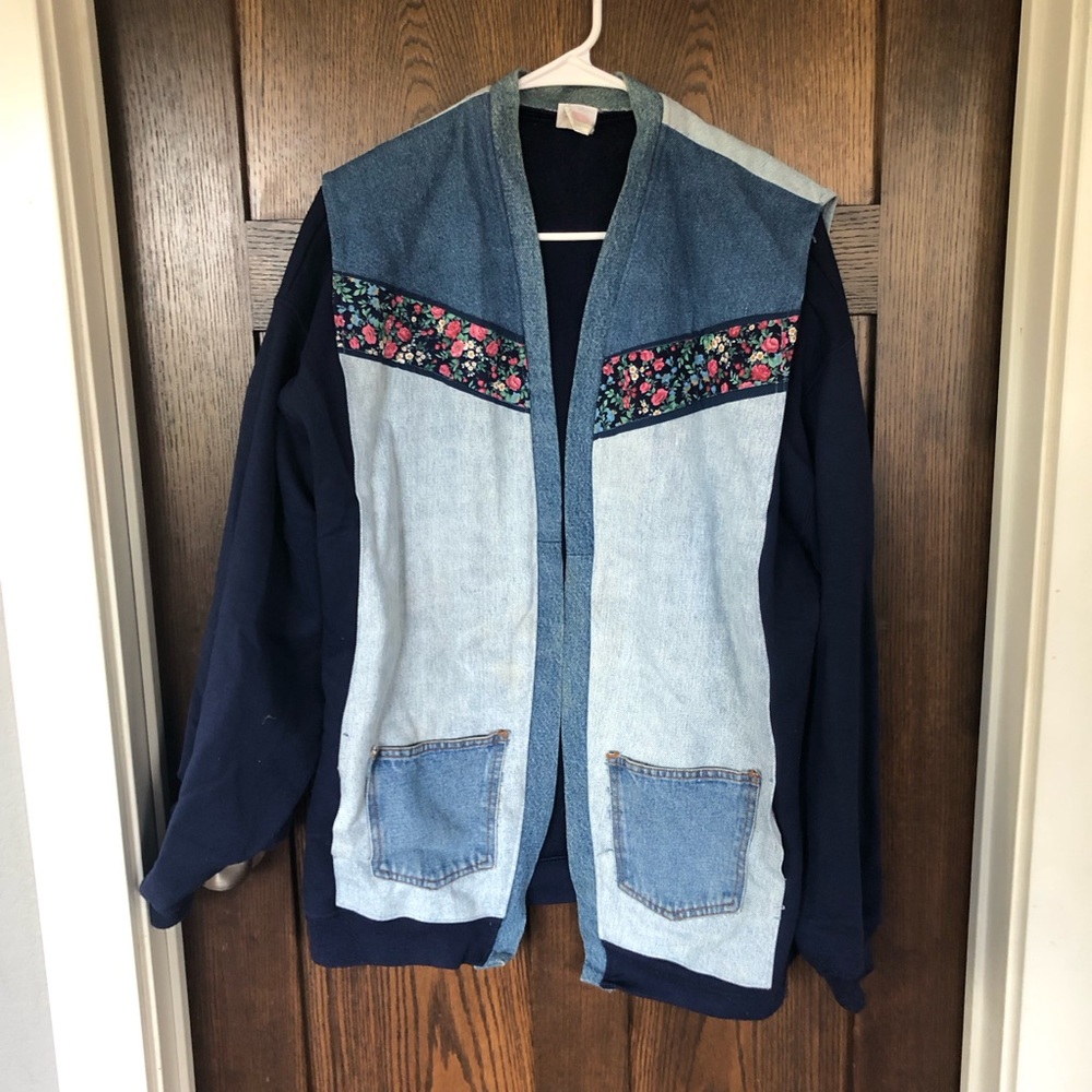 VTG hanes Aztec Southwestern Mix Media Custom Denim & Fleece Jacket Sweatshirt L